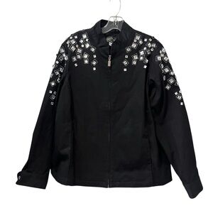 Vintage Bob Mackie Womens Jacket Size Large Black Rhinestones Zip Front Full Zip